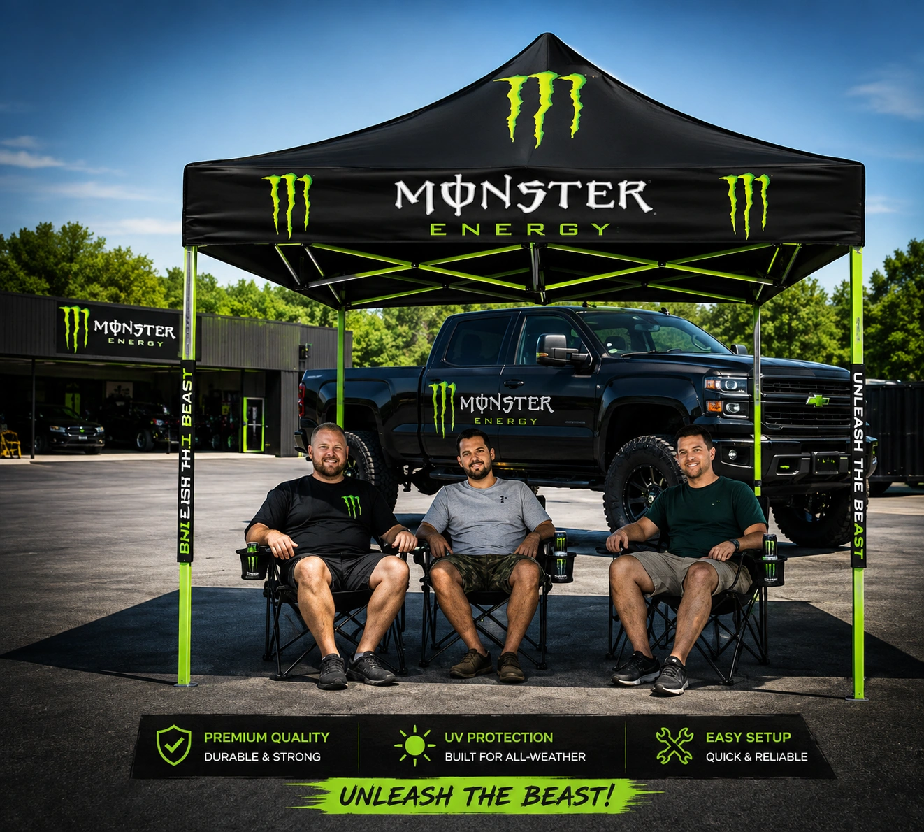 Black and green custom printed pop up canopy tent branded for an energy drink activation