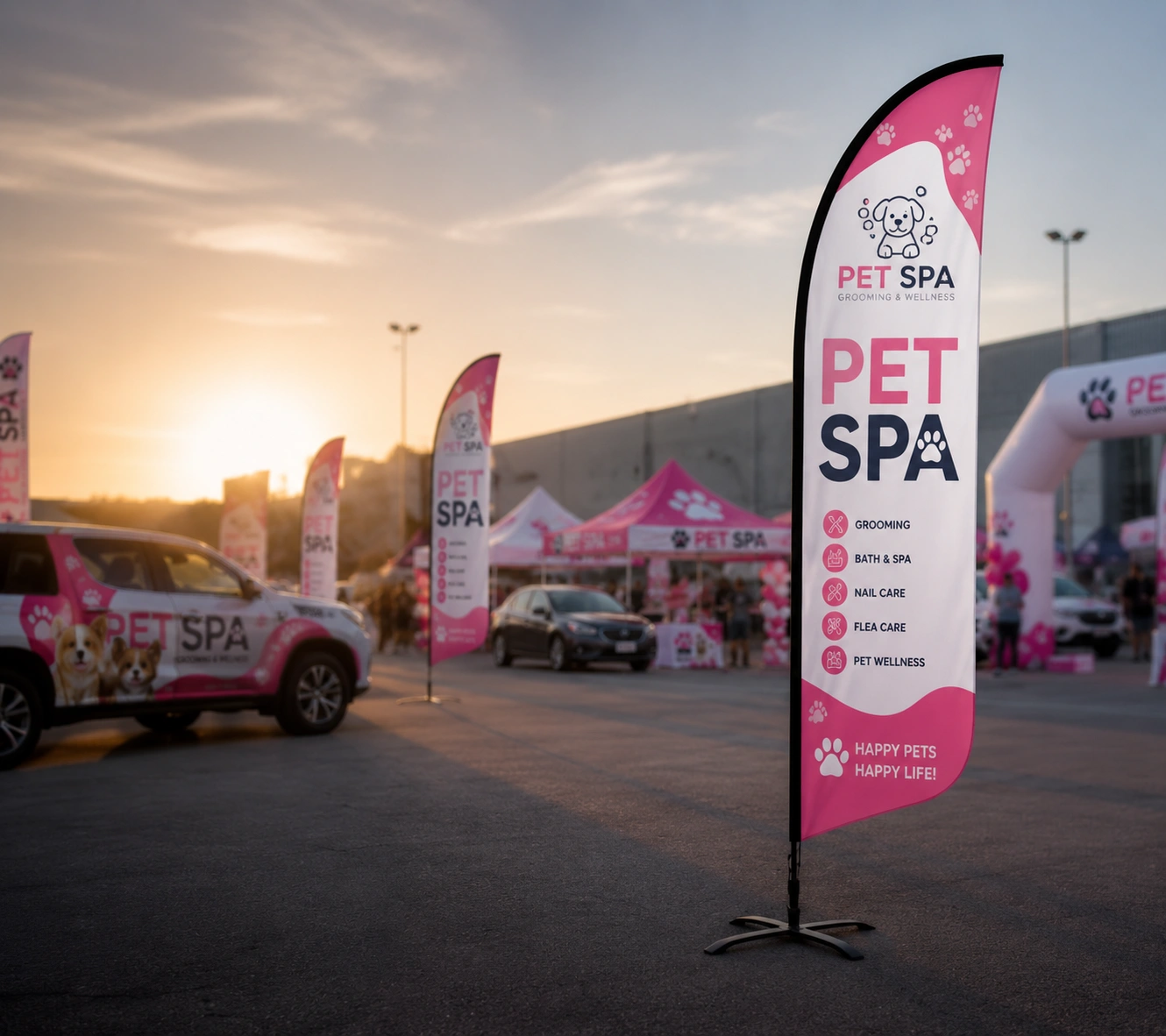 Pink printed feather flags on ground stands outside a branded pet spa event booth