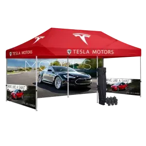 Gold 10x20 canopy tent package with printed roof, back wall and two printed side half walls
