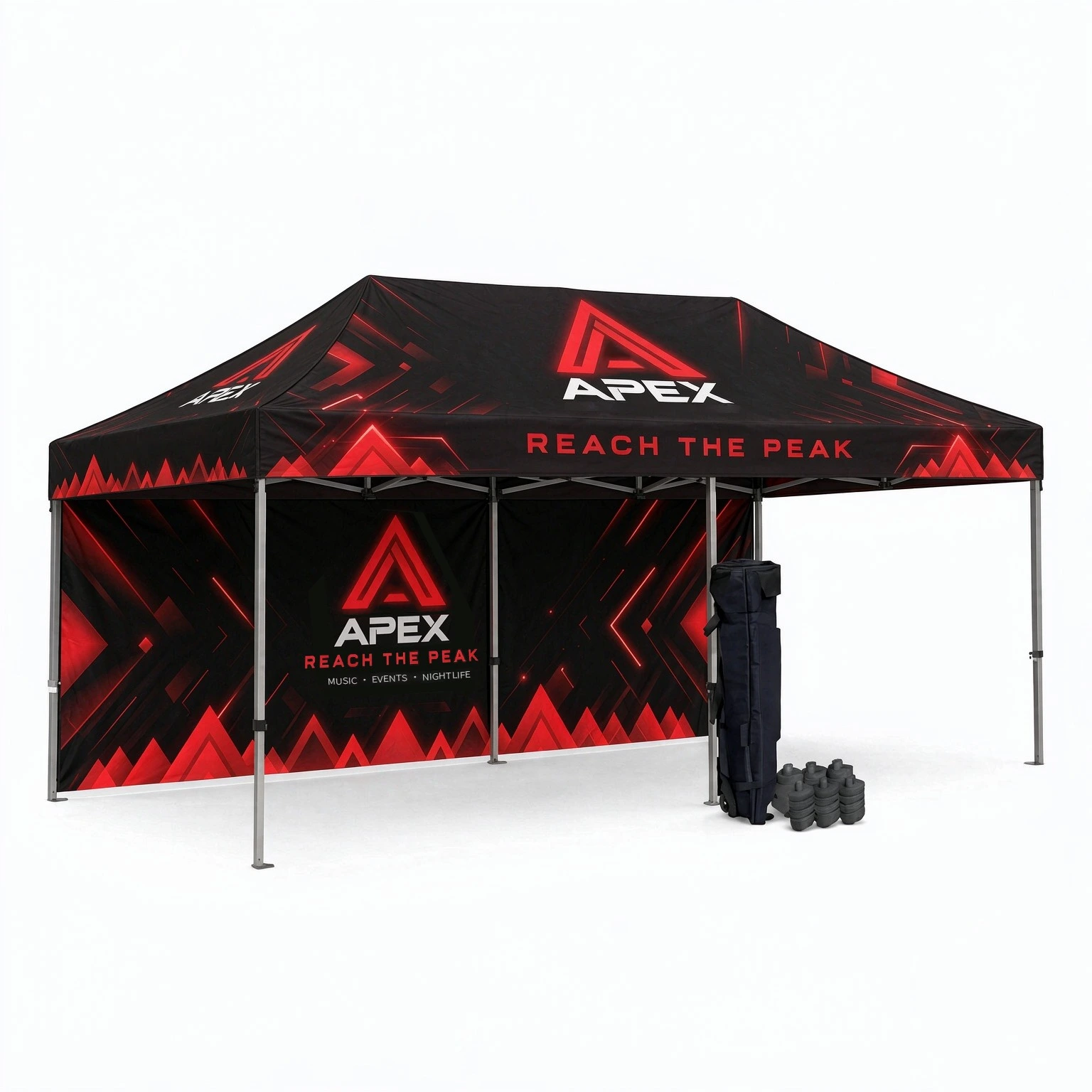 Gold 20 Tent Package #2 — 10ft x 20ft custom canopy tent with printed roof and full width printed back wall, carry bag and sandbags