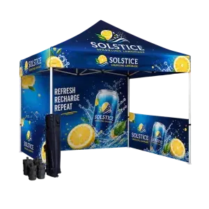Gold 10x10 canopy tent package with printed roof, back wall and two printed half walls
