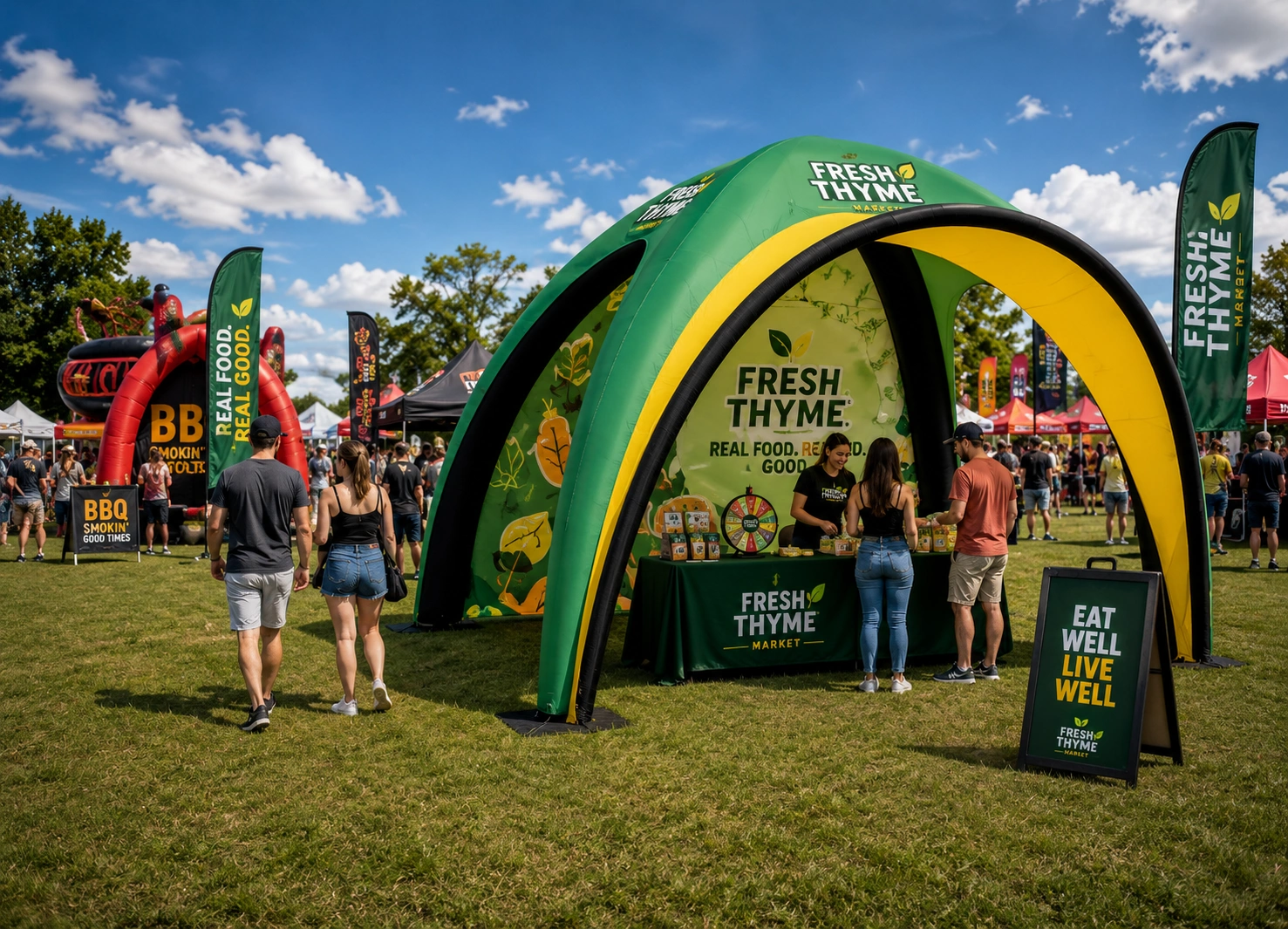 Green and yellow branded inflatable dome tent at an outdoor food festival