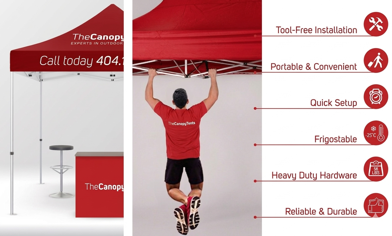 Brand Booth — Tent + Flag + Table + Banner shown set up with branded canopy, counter and frame detail