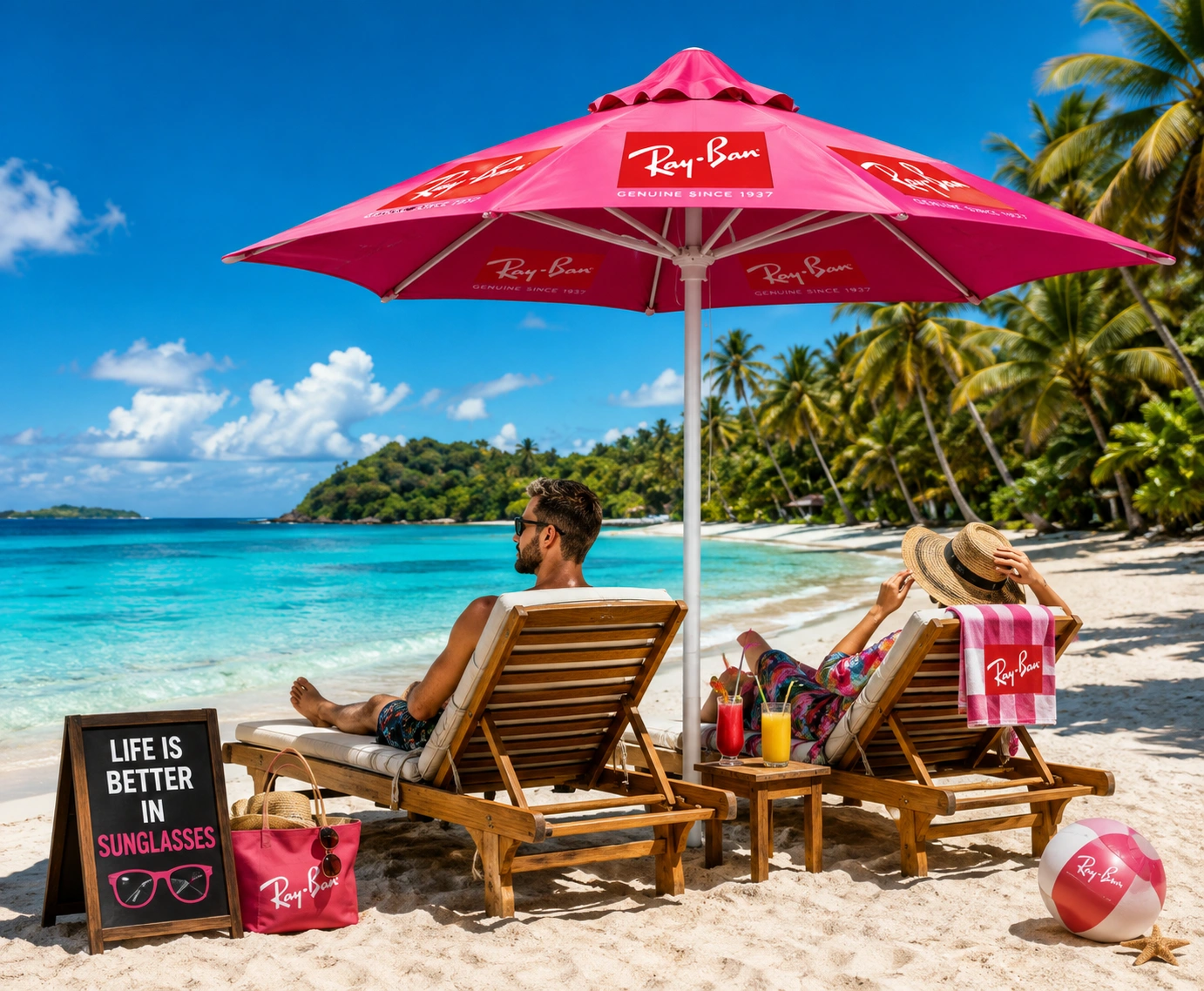 Pink custom printed branded beach umbrella shading loungers on a tropical beach