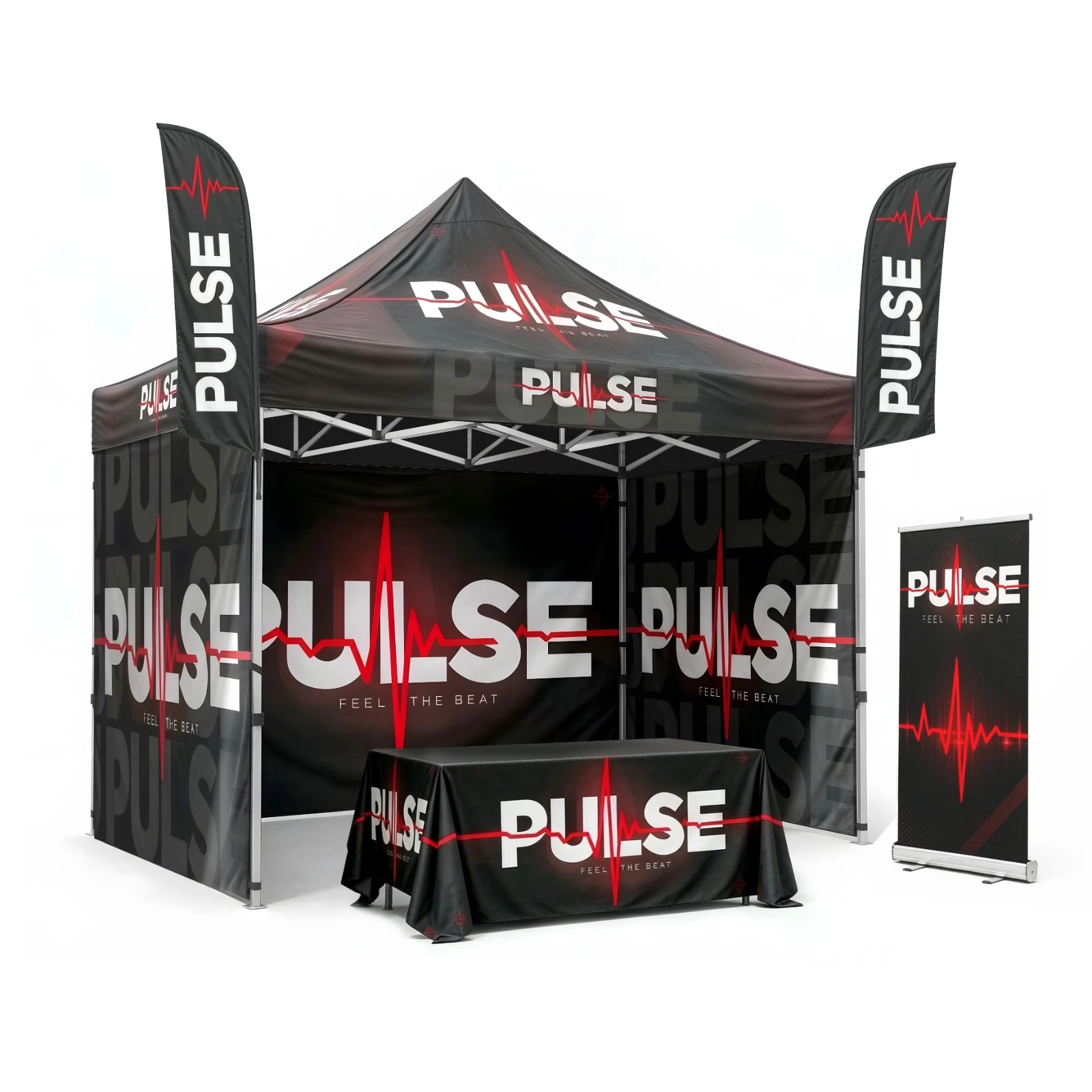 Gold 10 Tent Package #7 — 10ft x 10ft custom canopy tent with 3 full walls, 6ft table throw, two 9ft feather flags and 33in roll up banner stand