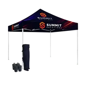 Gold 10x10 custom canopy tent package with full color printed roof, wheeled carry bag and sandbags