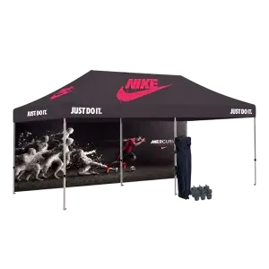 Gold 10x20 canopy tent package with printed roof and full width printed back wall