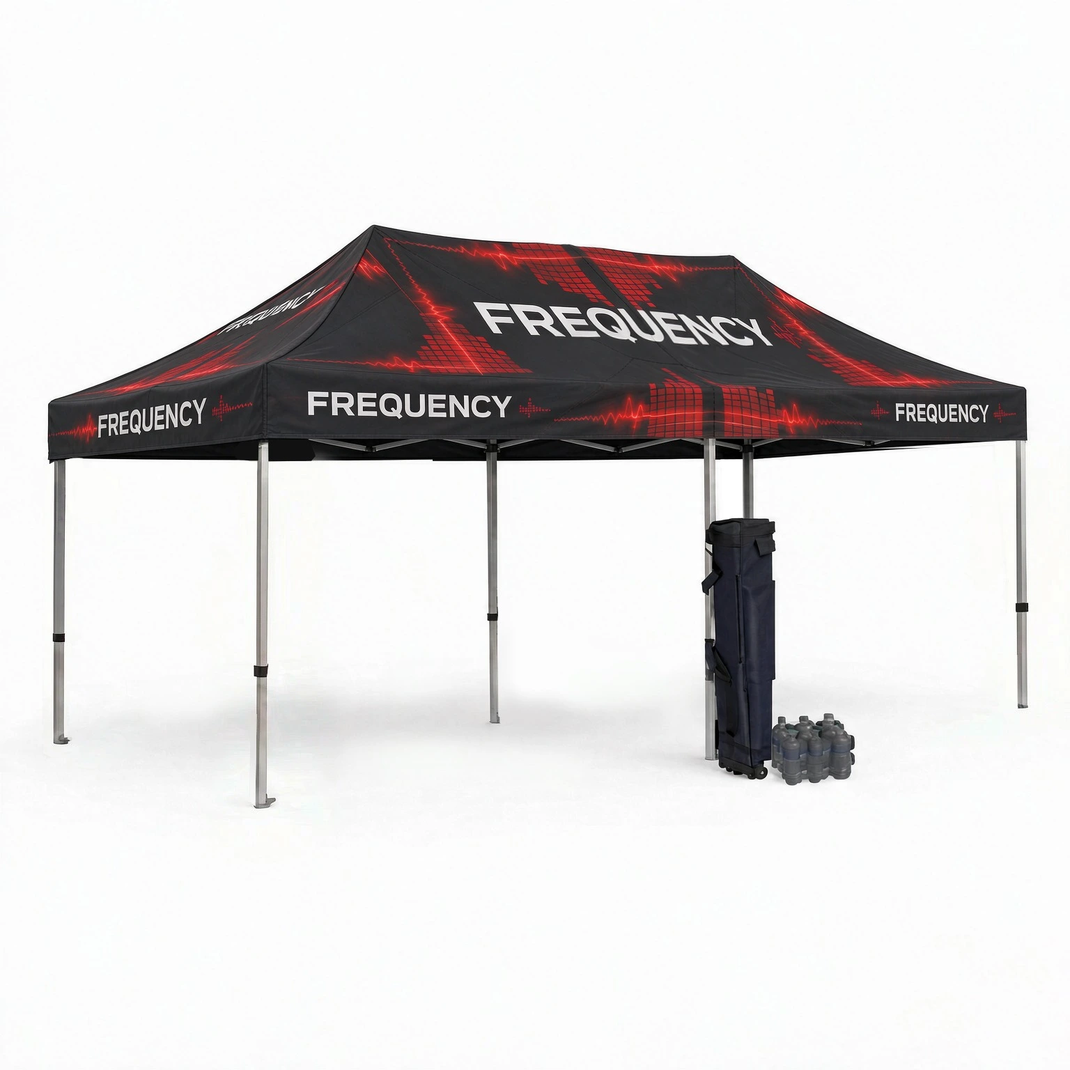 Gold 20 Custom Popup Canopy Tent Package #1 — 10ft x 20ft frame and full color printed roof with wheeled carry bag and sandbags