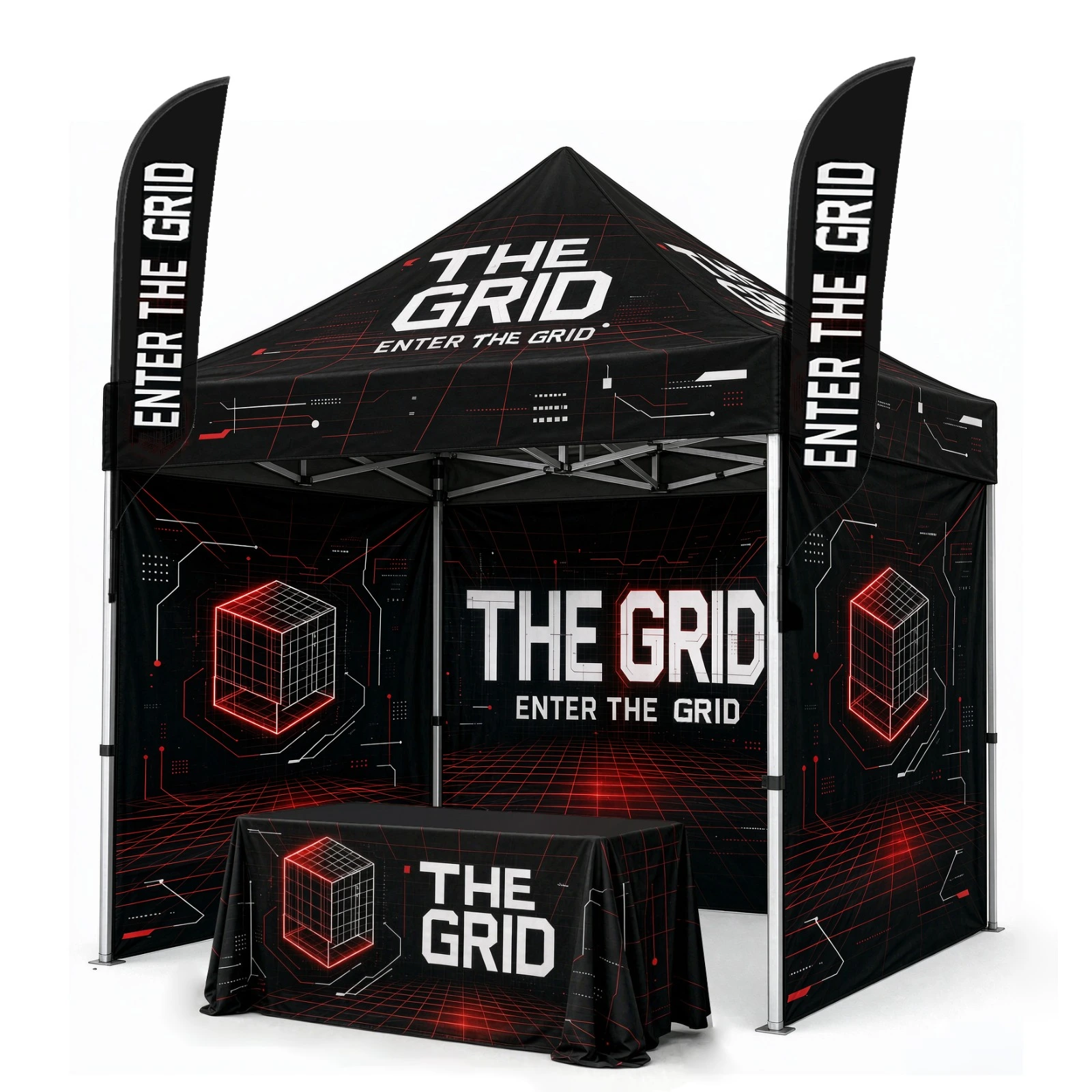 Gold 10 Tent Package #6 — 10ft x 10ft custom canopy tent with 3 full printed walls, 6ft printed table throw and two 9ft feather flags