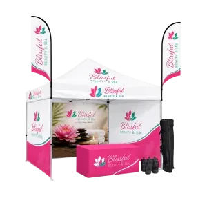 Gold 10x10 canopy tent package with three printed full walls, printed table throw and two feather flags