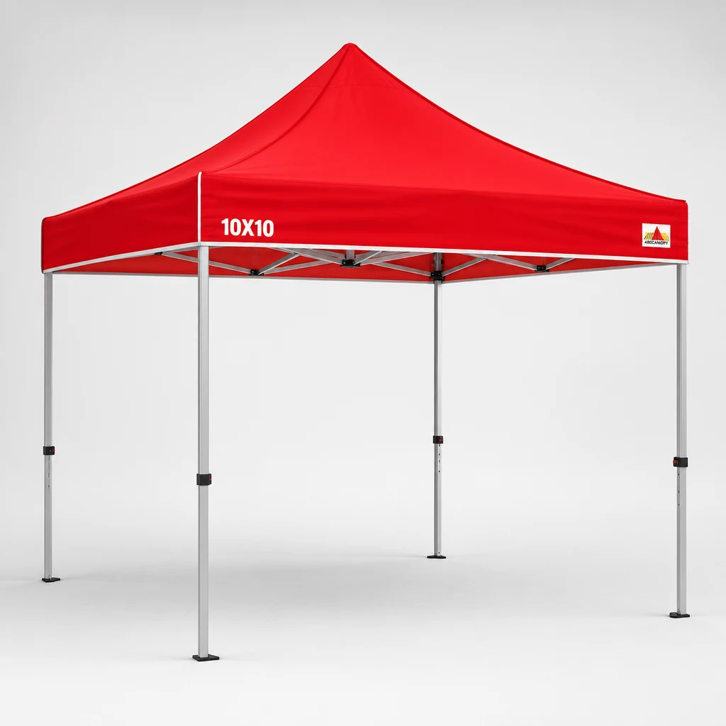 Branded custom canopy tent booth next to a plain white pop-up canopy at an event