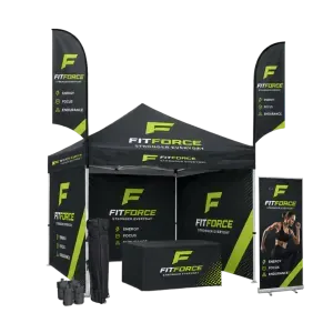 Gold 10x10 canopy tent package with full walls, table throw, feather flags and a roll up banner stand