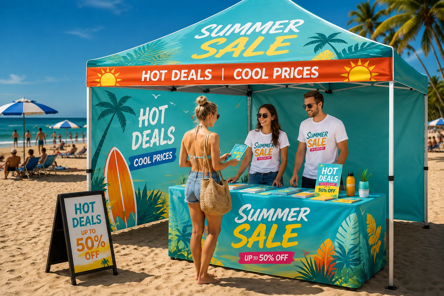 Teal printed table cover and matching custom canopy tent at a beach summer sale booth