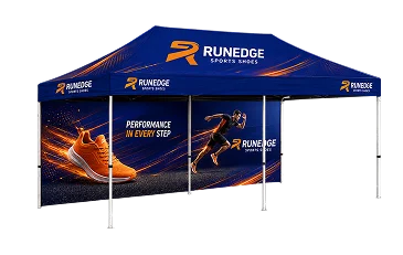 Printed 10x20 custom canopy tent covering a double booth footprint